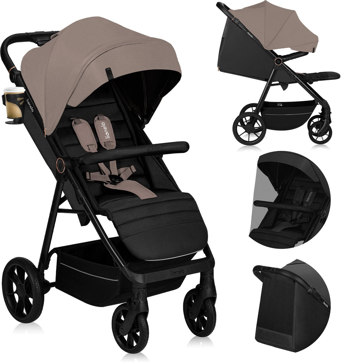 Lionelo Mira pram - stroller - for children up to 22 kg - front wheels 360° - adjustable backrest handle - waterproof XXL awning with UPF50+ - 5-point harness - large off-road wheels - full shock absorption - compactly foldable