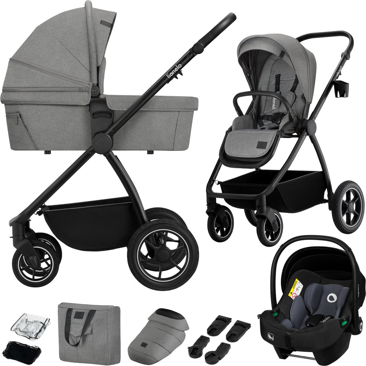 Lionelo Meril 3in1 stroller - buggy - XL carrycot, stroller ADAC-certified car seat - all-terrain wheels - complete accessory set - UPF50+